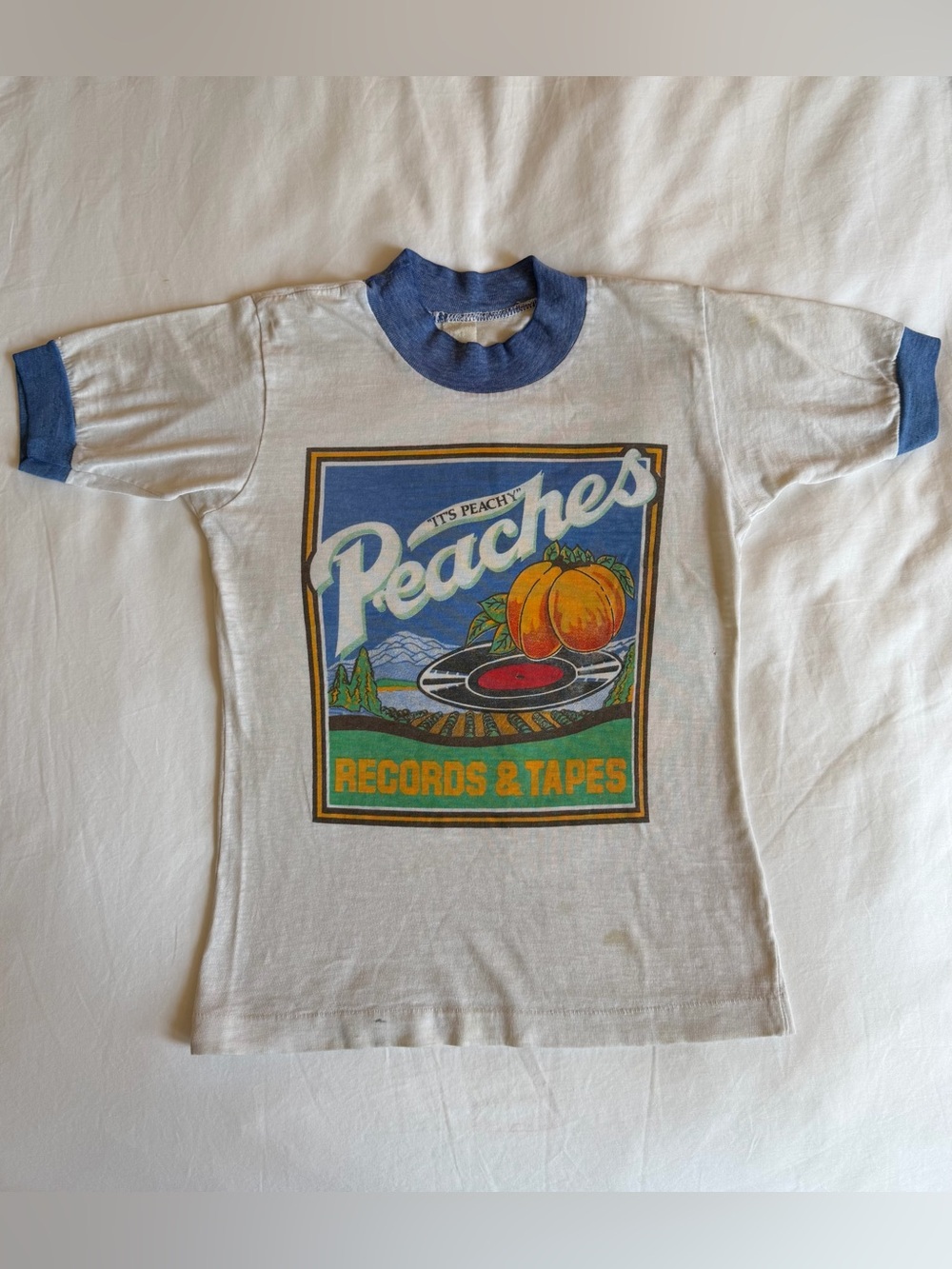 Peaches Records & Tapes Graphic Ringer Tee - White & Blue Kids sized